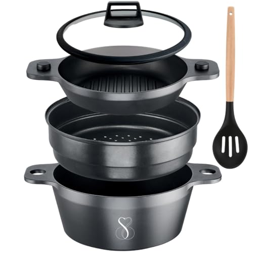 Sets Casserole Antiadhésive 24CM 5 PIÈCES Façon Pierre en Fonte Aluminium faitout Cocotte...