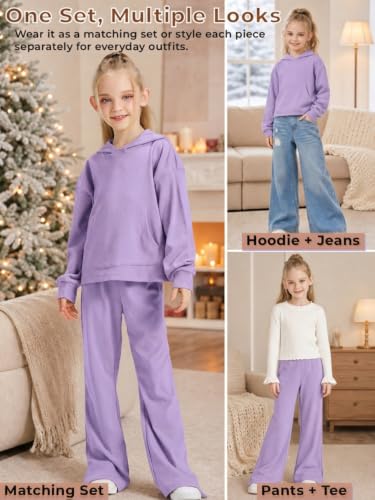 Image of Girls 2 Piece Hoodie Bell Bottom Sweatsuit Fall Outfit Set | Long Sleeve,front pocket,side-slit flare,machine washable,soft rayon-blend,skin-friendly,stretchy,durable