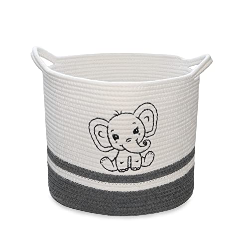 Rope Basket With Baby Elephant, Toy Storage, Nursery Storage, Blanket Storage, 14”X11”X12, White, Grey #TOP7