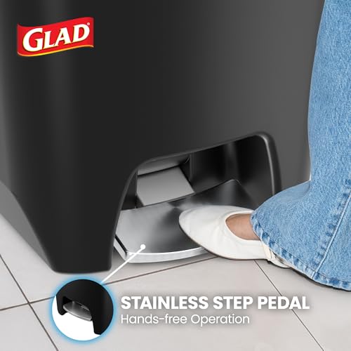 Image of Glad Premium 20 Gallon Trash Can with Clorox Odor Protection | Plastic Kitchen Waste Bin | Hands Free with Stainless Steel Foot Pedal and Garbage Bag Rings, Black