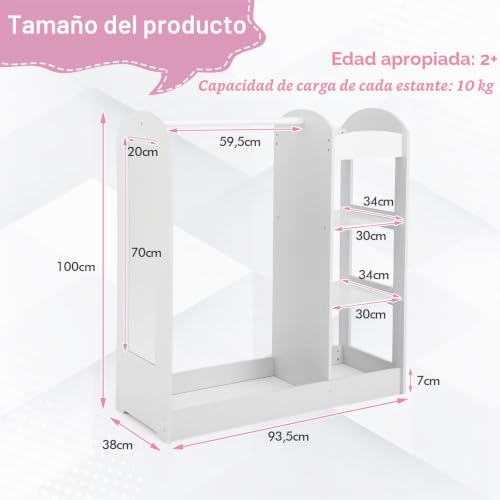 Miniatura 3 de Goplus Armario De Almacenamiento Infantil Con Espejo, Armario Con 4 Estantes Abiertos, Para Niños De 2 Años , Adecuado Para Dormitorio, Sala De Estar, Jardín De Infantes, 93,5 X 38 X 100 Cm Blanco