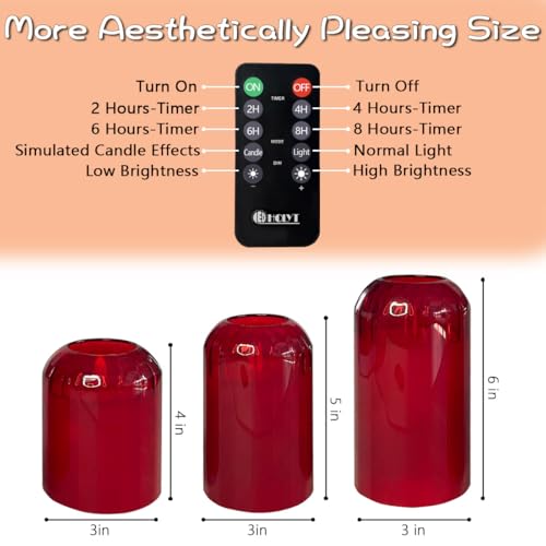 Image of LEDHOLYT Rechargeable Flameless Candle, Flashing LED Pillar Real Wax Candle with Remote Control and Timer, Red Glass Electronic Candles for Room Decoration, 1 Set of 3