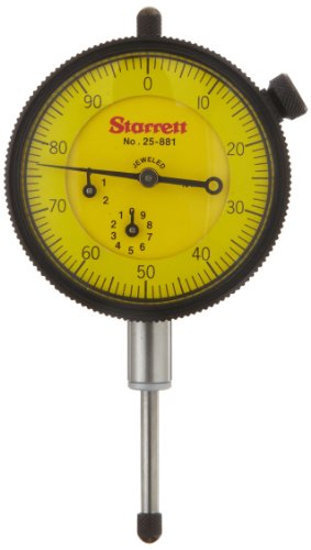 Starrett 25-881J Dial Indicator, 9.525mm Stem Dia., Lug-on-Center Back, Yellow Dial, 0-100 Reading, 57.15mm Dial Dia., 0-25mm Range, 0.01mm Graduation
