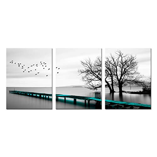 Kalormore Black White Seaview Canvas Wall Art Tree with Teal Pier Sea Coastal Landscape Picture Giclee Prints Framed Nature Artwork for Modern Living Room Bedroom Bathroom Contemporary Art