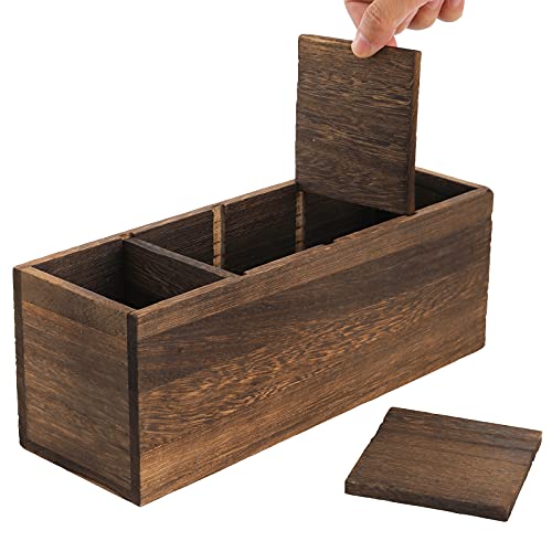 Dicunoy 2 Pack Wooden Pencil Desk Organizer Holder, 4 Compartments Rustic Wood Remote Control Holder - Image 3