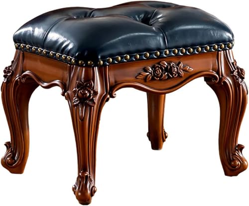 Reposapiés tapizado de mediados de siglo, taburete pequeño de cuero con base de roble macizo, cojín cómodo para decoración de sala de estar y dormitorio