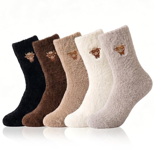 atnayo 5 Pair Fluffy Socks Womens Cute Highland Cow Soft Fuzzy Bed Socks for Women Highland Cow Gifts