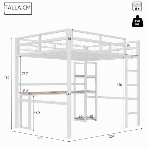 Miniatura 2 de Kebnor Cama Alta De 140 X 200 Cm, Marco De Hierro, Varios Estantes, Escritorio Con Enchufe, Barandilla, Escalera Blanca Sin Colchón