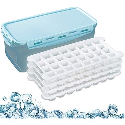 Silicone Ice Cube Trays and Ice Cube Storage Container Bin Set with Airtight Locking Lid, 4 Packs / 128 Trapezoid Ice Cubes (White4) Cover