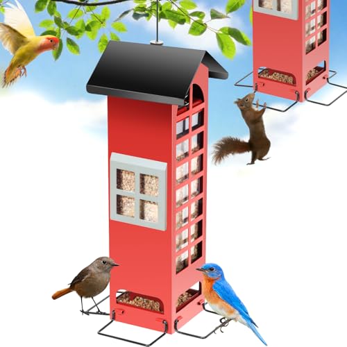 Spring Bird Feeders Squirrel Proof for Spring Hanging, Weight Activated Metal Wild Bird Feeders, Cardinal Tube Birdhouse Finch Seed Feeder with 4 Feeding Ports, 2.5LB Capacity