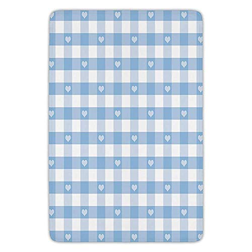BagsPillow Bathroom Bath Rug Kitchen Floor Mat Carpet,Checkered,Gingham Motif with Cute Little Hearts Pastel Blue Baby Shower Kids Theme,Light Blue White,Flannel Microfiber Non-Slip Soft Absorbent