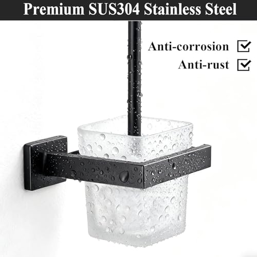 Image of Matte Black Toilet Brush and Holder Set, NEWRAIN Wall Mounted Toilet Bowl Brush with Long Handle, Stainless Steel Toilet Brushes for Bathroom-Space Saving