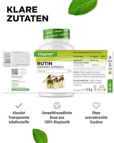 Rutin 500 mg - 180 Kapseln (6 Monatsvorrat) - Premium: 95% echtes Rutin aus natürlichem Sophora japonica Extrakt - Hochdosiert - Ohne Zusätze - Vegan