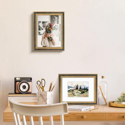 Image of Golden State Art,9x12 Ornate Picture Frame Holds 6x8 Photo,Black Gold | Includes real glass front,white mat,build-in hangers and buttons.Displays 6x8 photo on wall