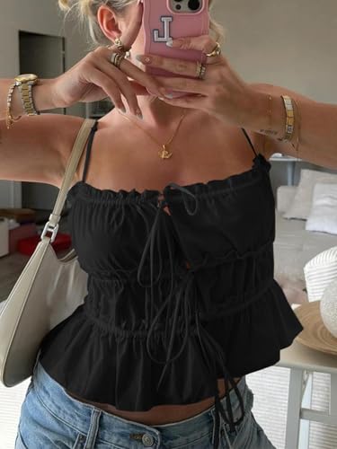 Image of Tankaneo Womens Summer Tie Front Crop Tops Cute Ruffle Ruched Spaghetti Strap Tank Tops Y2K Going Out Shirts