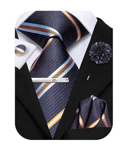 Image of Hi-Tie Striped Woven Black and Blue Neckties for Men Tie and Pocket Square Lapel Pin Silver Tie Clip Cufflinks Set Wedding Business 6PCS