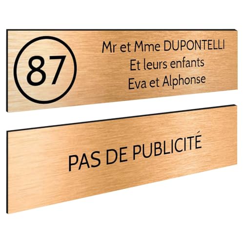 DECOHO - Plaque Boite aux Lettres Personnalisable - Lot de 2 plaques adhésives en Plastique 100x25 mm - Cuivre brossé et Stop pub - Gravu - Cuivre