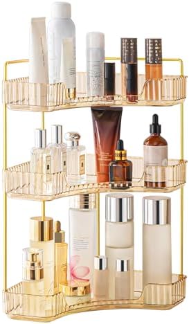 Corner Bathroom Counter Organizer, Perfume Tray and Vanity Organizer, Multi-Purpose Makeup Cosmetic Storage, Large Corner Storage Organizers for Bathroom kitchen, Vanity Organizer (Amber,3-Tier)