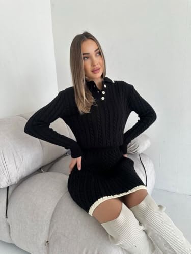 Image of chouyatou Women's Cable Knit 2 Piece Outfits Long Sleeve Polo Sweater and Elastic Waist Pleated Mini Skirt Sets