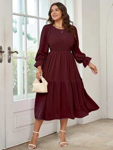 Image of SHESTARR Women's Plus Size Dress Long Sleeve Crewneck Smocked Tiered Flowy Boho Wedding Party Maxi Dresses