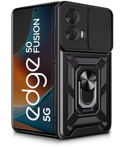 Image of WOW IMAGINE Armor Bumper Mobile Back Case for Moto Edge 50 Fusion 5G | Moto Edge G96 Fusion 5G Sliding Camera Cover | Shock Proof 360 Protection | Hybrid PC + TPU | Ring Holder with Kickstand - Black