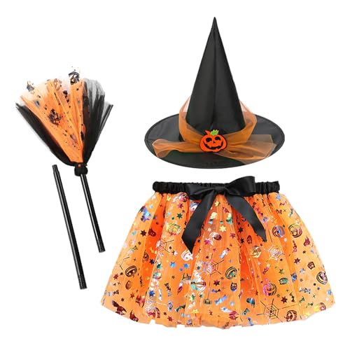 JINGTOPS Juego de 3 piezas de disfraz de bruja para niña, calabaza, falda de tul, disfraz de Halloween con sombrero de bruja para mujer y escoba, juegos para niños de 3 a 8 años, accesorios para niña