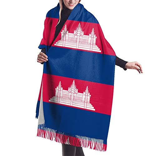 cambodian-flag Womens Winter Scarf Cashmere Feel Shawl Wrap Soft Warm Blanket Scarves Fringe Scarf