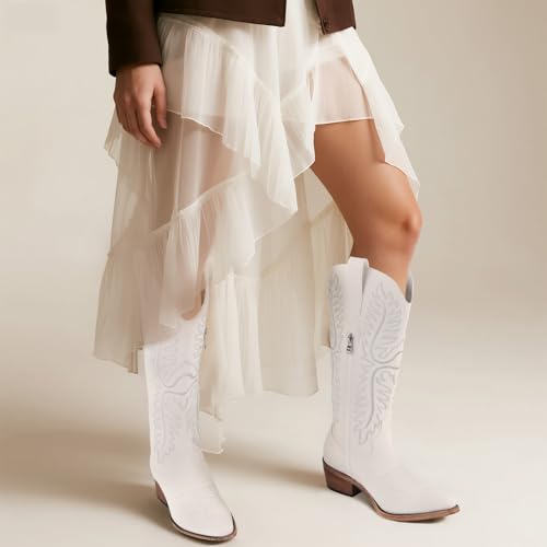 FancyQueen Cowboy Boots for Women Western Heel Cowgirl Boots Women Wide Calf Zipper Western Classic Embroidered Pointed Toe Knee High2