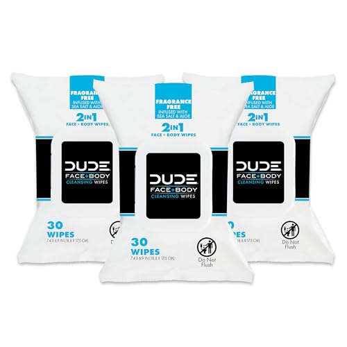DUDE Wipes - Face and Body Wipes - 3 Pack, 90 Wipes - Unscented Wipes with Sea Salt & Aloe - 2-in-1 Body & Face Wipes - Alcohol Free and Hypoallergenic Cleansing Wipes