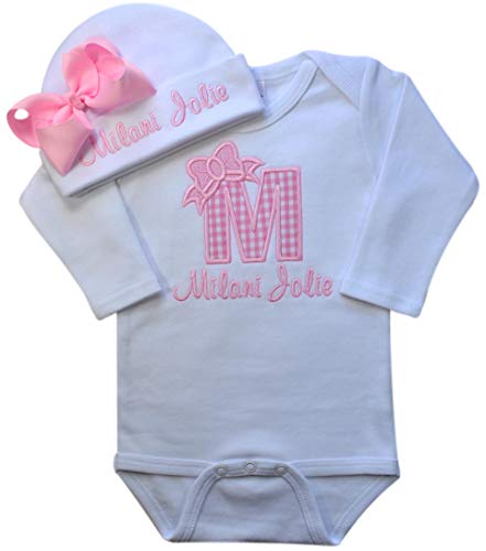 Baby Girl Embroidered INITIAL Bodysuit and MATCHING Grosgrain Bow Hat with Your Custom NAME (0-3 Months, Pink Gingham with Light Pink Bow Hat)