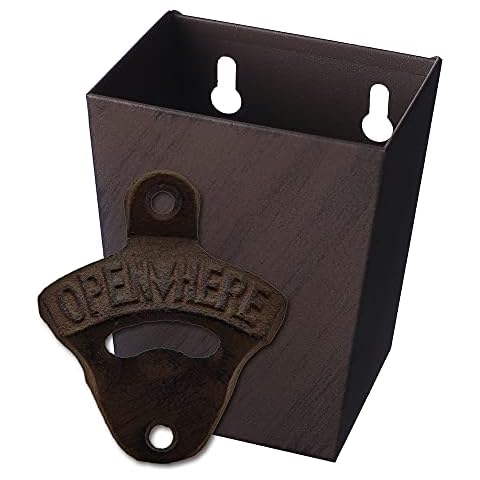 Rustic Cast Iron Beer Bottle Opener Wall Mounted with Cap Catcher Vintage Narrow Bundle Jumiok, Rustic Brown Cover