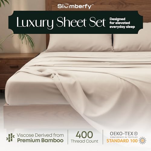 Image of Slumberfy 4-Piece 400 TC Viscose Derived from Bamboo Sheets, Queen Size - 1 Fitted, 1 Flat, 2 Pillow Cases - Deep Pocket Cooling Viscose-Bamboo Bed Sheets in Magnetic Closure Gift Box, Sand