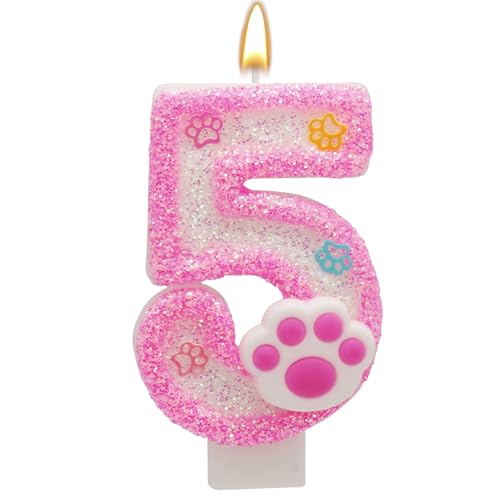 Pink Number 5 Birthday Candle with Paw Print Design Cat and Dog Theme Cake Topper for Party Decorations for Pet Party Decor Anniversary Celebrations Supplies (Pink Number 5)