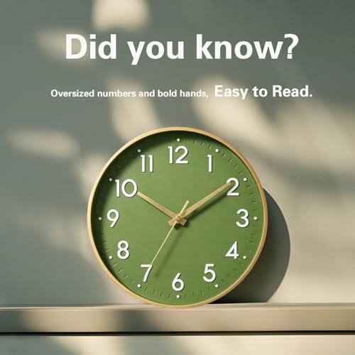 Image of Mosewa Wall Clock 10 Inch, Battery Operated Silent Non-Ticking Modern Analog Clock Decorative for Kitchen, Bedroom, Office(Olive Green and Gold)