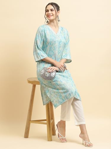 Image of Shree Women Liva (Rayon) White Floral Print Kurta