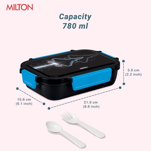 Image of MILTON Super Sherry Tiffin Lunch Box for Kids Boys & Girls with Leak-Proof Inner Container| Food Grade,BPA Free,Compact & Durable Snacks Box for Kids I Plastic Spoon & Fork, 780 ml, Black