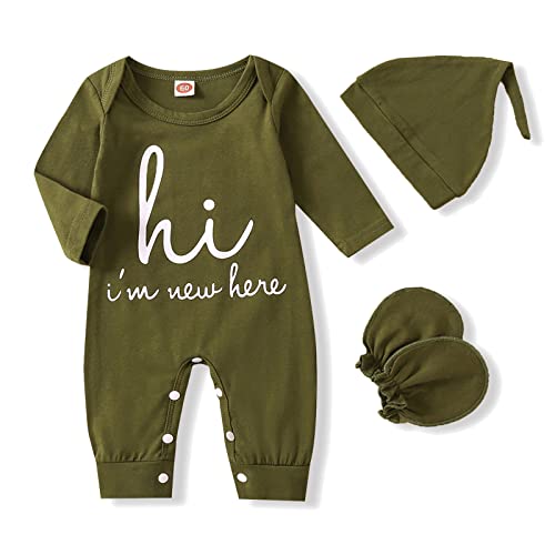 Image of GRNSHTS Newborn Baby Boy Romper Coming Home Outfits Letter Print Bodysuit Jumpsuit+Hat+Gloves 3PCS Clothes Set
