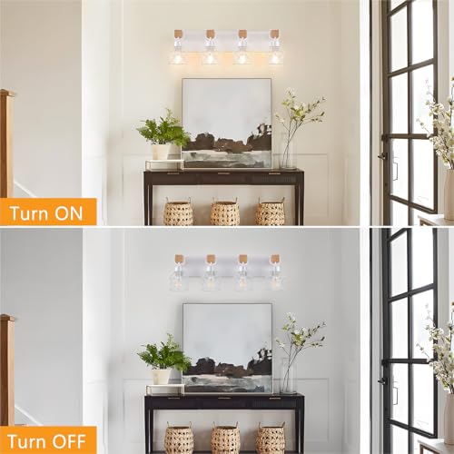 Image of FadimiKoo 4-Light Farmhouse Vanity Lights for Bathroom, White Wood Bathroom Light Fixtures Over Mirror, Rustic Vanity Lights with Metal Shade, Bathroom Lighting for Living Room, Bedroom, Hallway