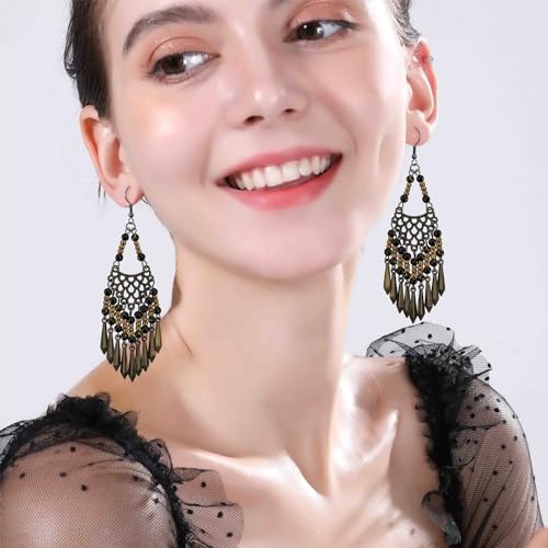 Handmade Vintage Bronze Bohemian Long Tassel Colorful Bead Dangle Drop Earrings Big Tribal Chandelier Geometry Hook Earrings for Women Statement Jewelry Gifts4