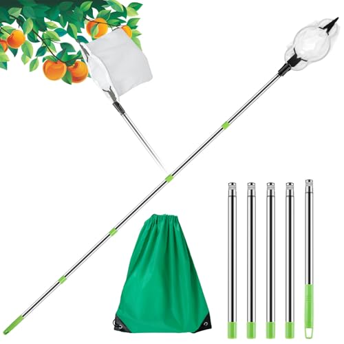 Fruit Picker, Lightweight Fruit Picking Tool with Bag Stainless Steel Tree Fruit Catcher with 2m/1.6m Pole Multipurpose Garden Fruit Picker for Picking Avocado Apricot Mango (2 m)