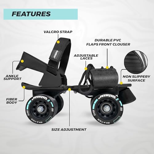 Image of JASPO Razor Adjustable Roller Skates | Unique Ankle Support | 61mm PU Wheels | Anti-Skid Surface | Lightweight | Quad Skates for Kids & Adults (Size 25-31 cm, Age 8+)