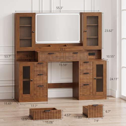 Image of 55 inch Makeup Vanity Desk with Mirror and Lights, Glass Top, Walnut