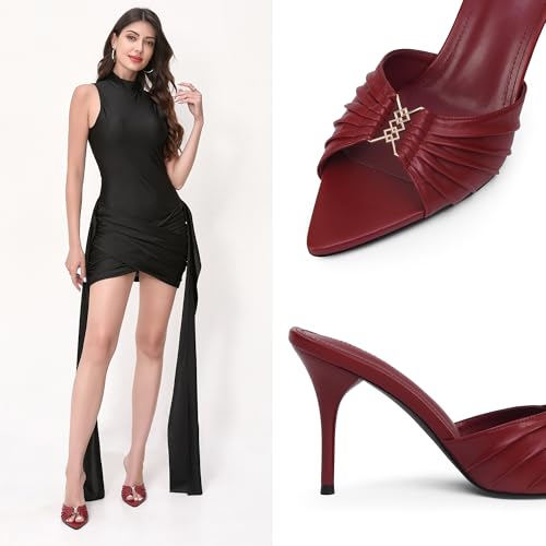 Image of iiimmu 3.5 IN Stiletto Mules High Heels with Pointed Peep Toe Heeled Sandals Faux Leather