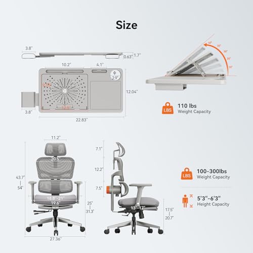 Image of Newtral Office Chair Ergonomic - Home Office Desk Chair, Big and Tall Office Chair, Auto-Following Lumbar Support for Back Pain, Adjustable Seat Depth and Height (with Footrest + Laptop Tray, Gray)