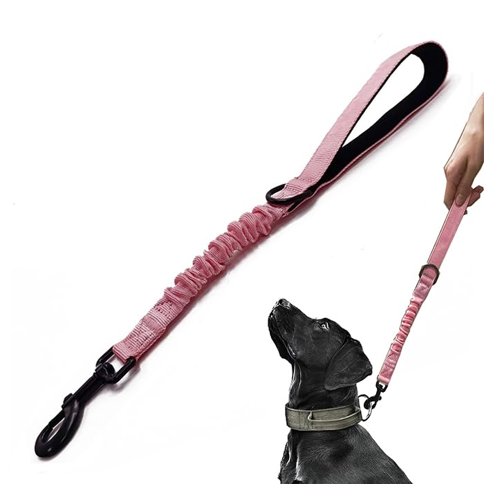 Short Dog Training Control Leash 18 Inch 1 Inch Wide Heavy Duty Elastic Traffic Bungee Leash with Padded Handle Suitable for Medium and Large Dogs(Pink)