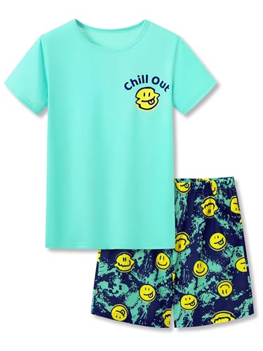 Beezizac Big Boys Pajamas Teal & Navy Face 2-Piece Fun Short Sleeve PJ Set Kid Cozy Sleepwear Children Size 6-18