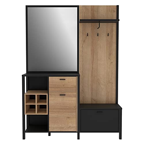 Mueble de entrada con revestimiento de roble y negro con múltiples almacenamiento y espejo - Moda
