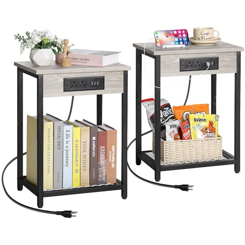 MOOACE NightStand Set of 2, Side Table with Charging Station, Open 2 Tier Narrow End Table Storage Shelf, Small Spaces Bedside Table Furniture for Living Room or Bedroom, Tall Sofa Table, Gray