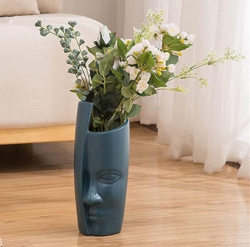 Image of SATYAM KRAFT 1 Pcs Face-Shaped Vase for Home Decor, Living Room, Office, Bedroom, Centre Table, Balcony,Ceramic Look Unbreakable Showpiece Flower Pot for Decorations (Blue) (Vase only) Size - 30 cm