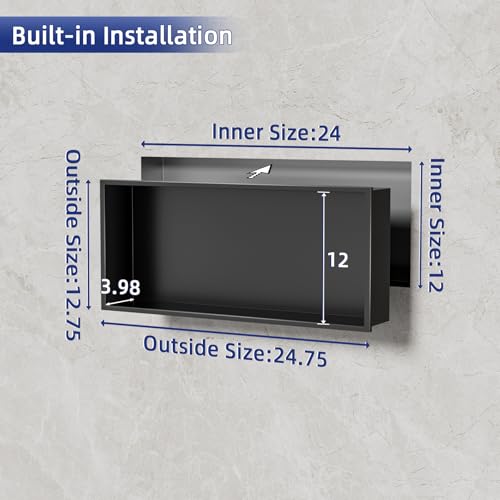 304 Stainless Steel Recessed Shelf,Over Mount Installation for Bathroom & Shower Wall,Waterproof (Black, 24 X 12 X 4 Inches) - Image 4